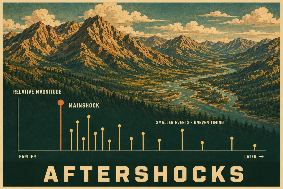 A retro mountain-and-river poster overlays a timeline with one tall orange mainshock and smaller gold aftershocks, uneven in size and increasingly spread out over time.