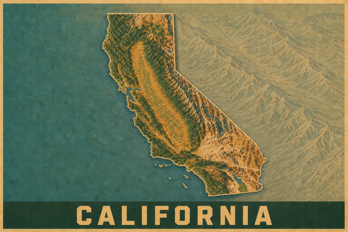 A vintage California relief poster shows the state's full outline, green mountain ranges, golden Central Valley, and teal Pacific Ocean.
