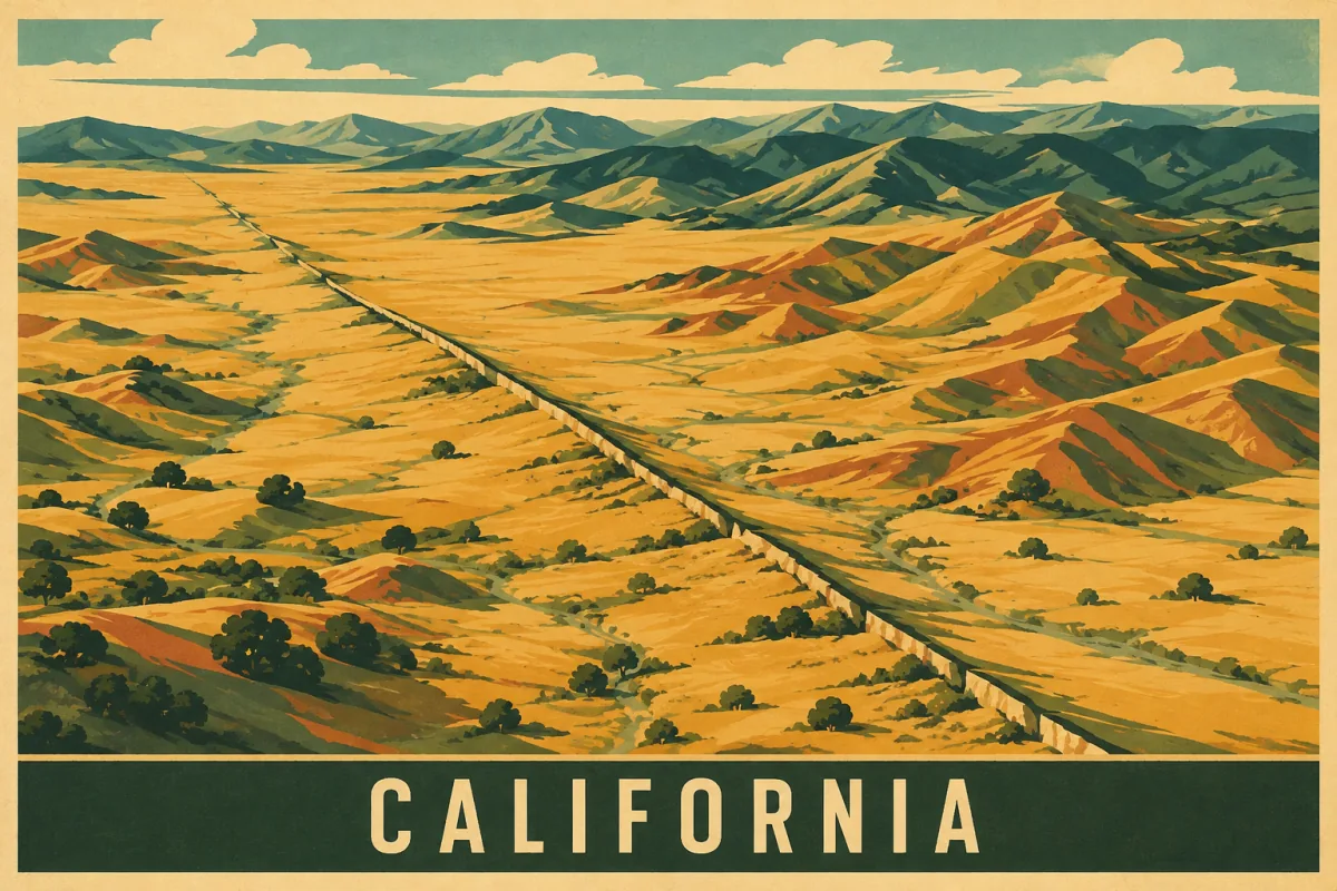 A vintage California poster shows a fault landscape cutting diagonally across golden California grasslands and rolling hills.