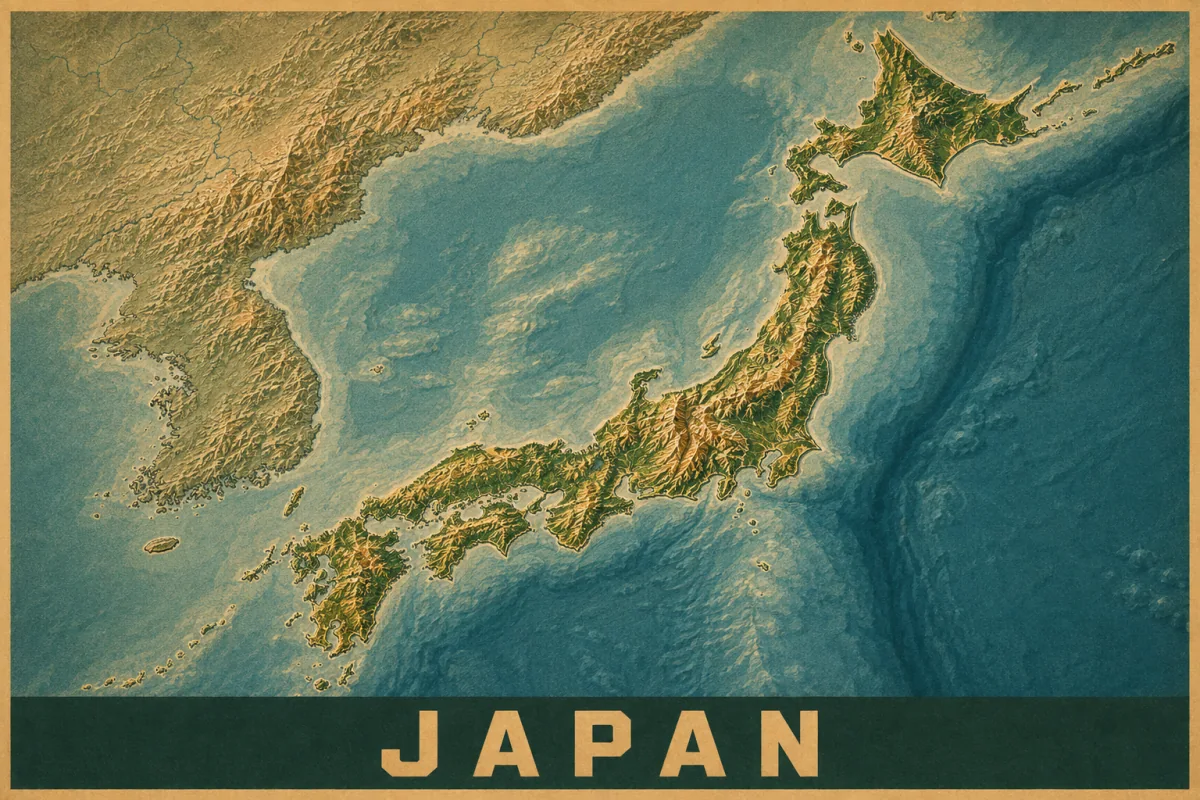A vintage Japan relief-map poster shows Hokkaido, Honshu, Shikoku, and Kyushu with green mountain ridges, golden valleys, and a textured teal ocean.