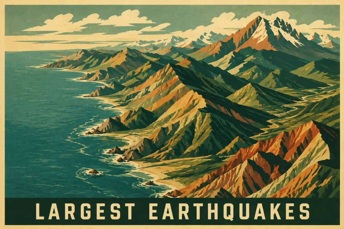A vintage Largest Earthquakes poster shows a mountainous continental coast, with layered ridges and distant snowy peaks beside a vast ocean.