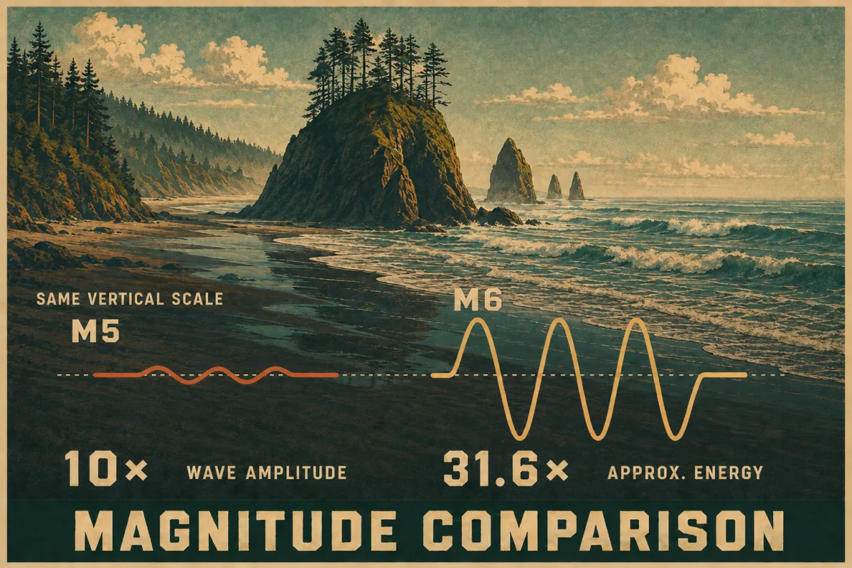 A retro coastal poster with tree-topped sea stacks and ocean surf compares small orange M5 and larger gold M6 waveforms, with labels for 10 times the wave amplitude and approximately 31.6 times the energy.