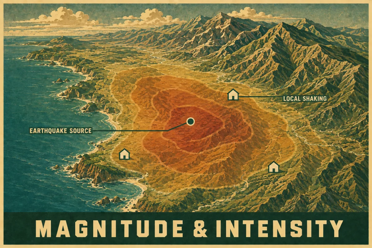 A retro coastal relief-map poster shows one earthquake source, warm-colored conceptual shaking contours over mountainous terrain, and three houses at different locations.