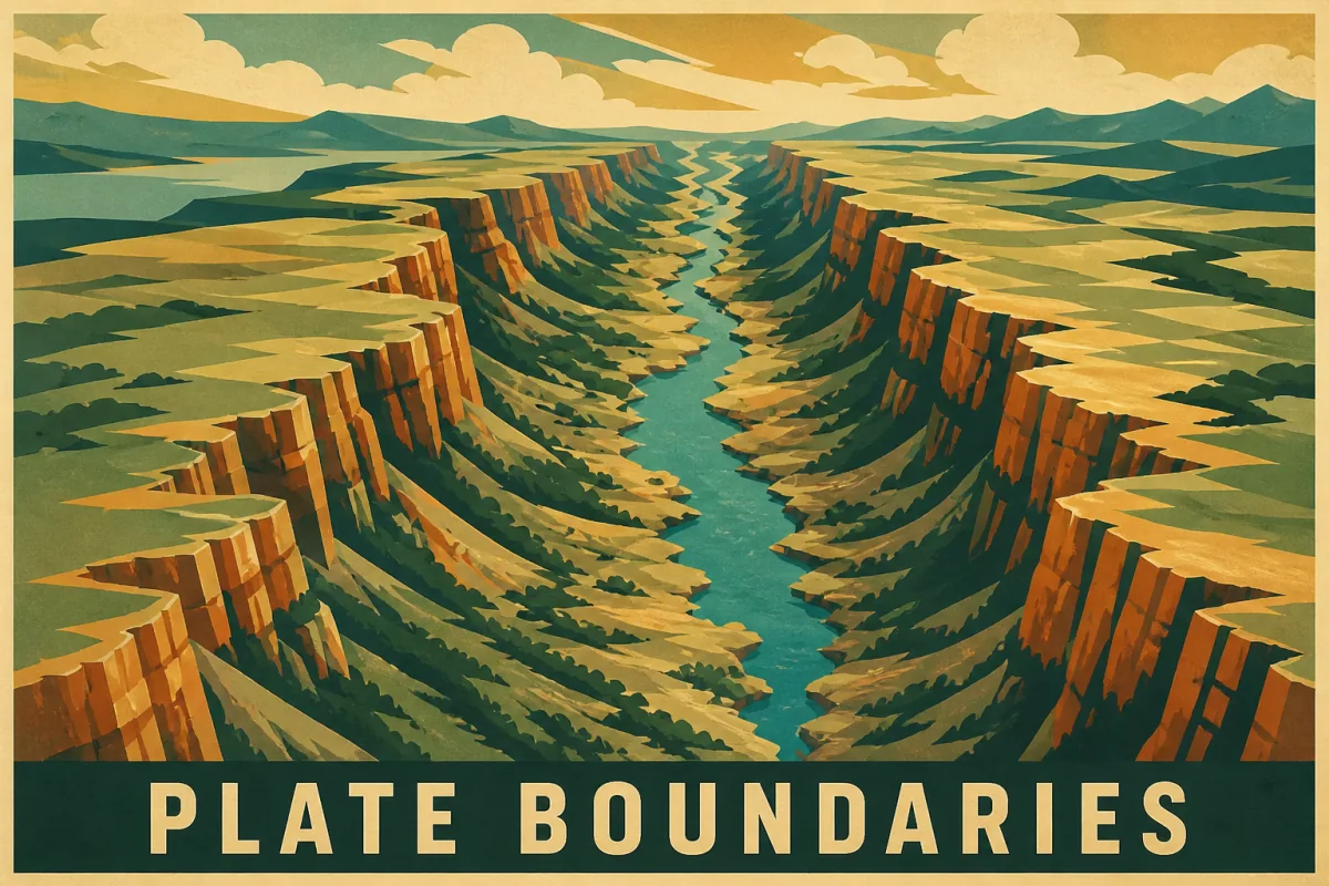 A vintage Plate Boundaries poster shows a rift landscape with layered plateaus on either side of a long valley and narrow lake.