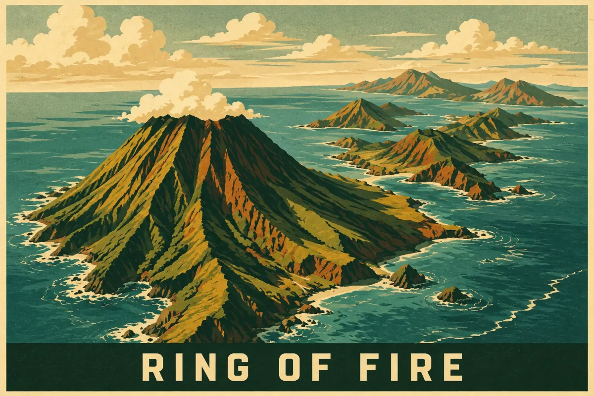 A vintage Ring of Fire poster shows volcanic islands curving into a teal Pacific Ocean, with a steaming cone in the foreground.