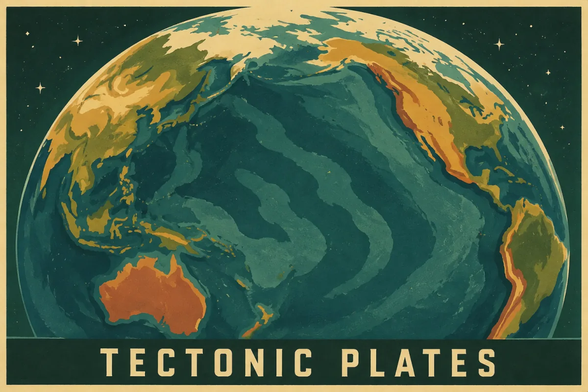 A vintage Tectonic Plates poster shows Earth viewed over the Pacific, with Asia, Australia, and the Americas surrounding the ocean.